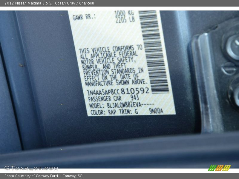 2012 Maxima 3.5 S Ocean Gray Color Code RAP