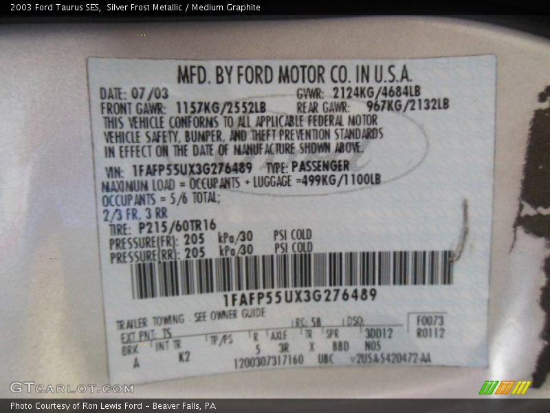 Silver Frost Metallic / Medium Graphite 2003 Ford Taurus SES