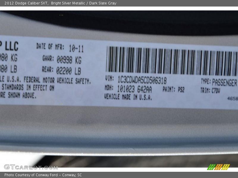 Bright Silver Metallic / Dark Slate Gray 2012 Dodge Caliber SXT