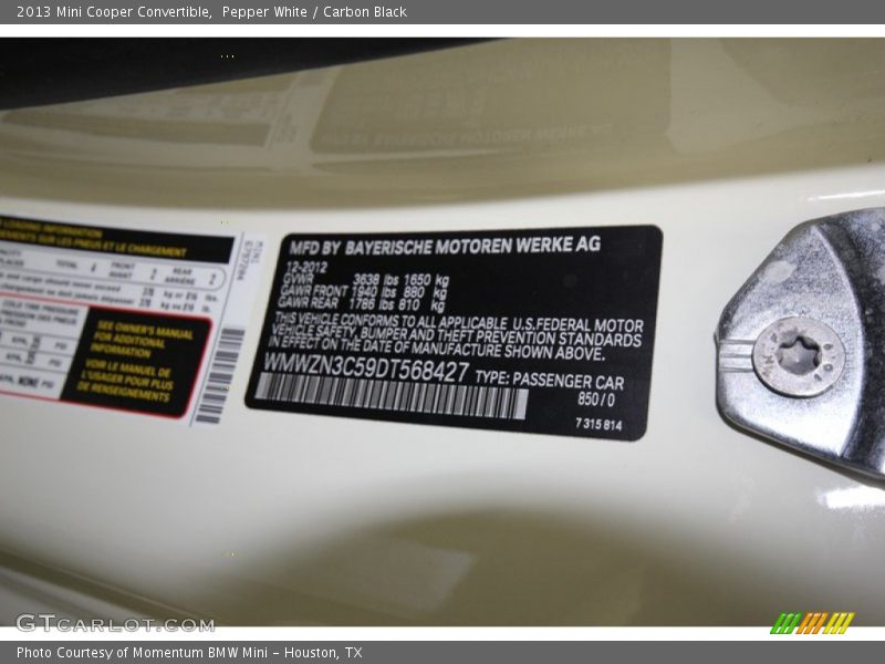 Pepper White / Carbon Black 2013 Mini Cooper Convertible