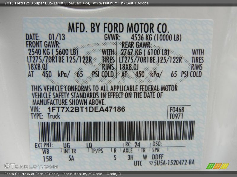 2013 F250 Super Duty Lariat SuperCab 4x4 White Platinum Tri-Coat Color Code UG