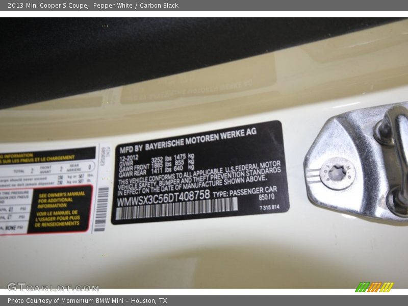 2013 Cooper S Coupe Pepper White Color Code 850
