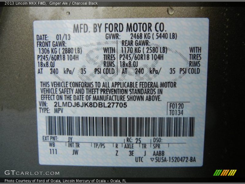 2013 MKX FWD Ginger Ale Color Code JY