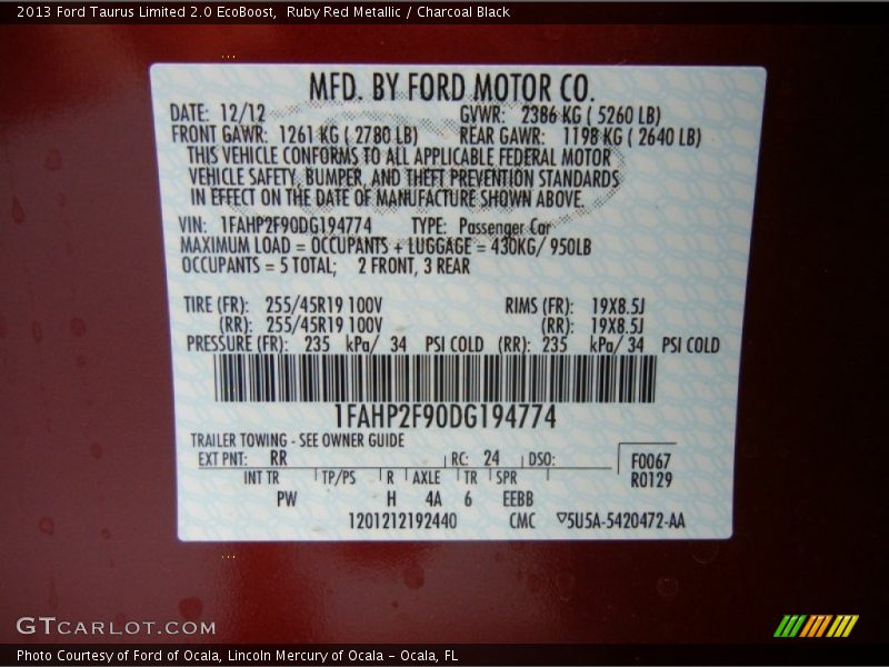 2013 Taurus Limited 2.0 EcoBoost Ruby Red Metallic Color Code RR