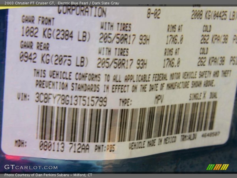 2003 PT Cruiser GT Electric Blue Pearl Color Code PB5