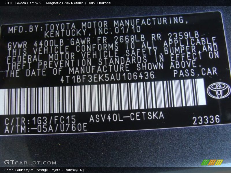 Magnetic Gray Metallic / Dark Charcoal 2010 Toyota Camry SE