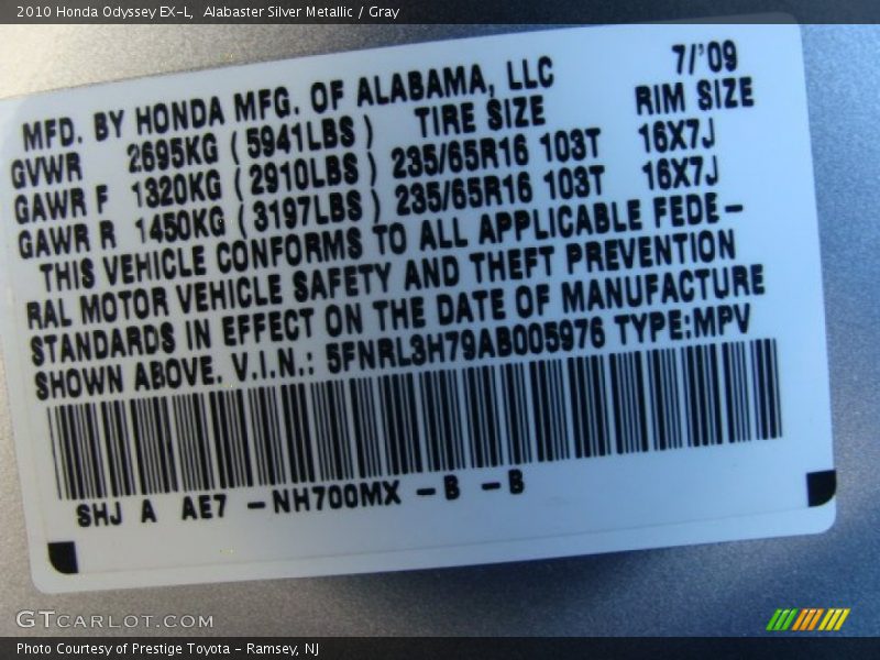 Alabaster Silver Metallic / Gray 2010 Honda Odyssey EX-L
