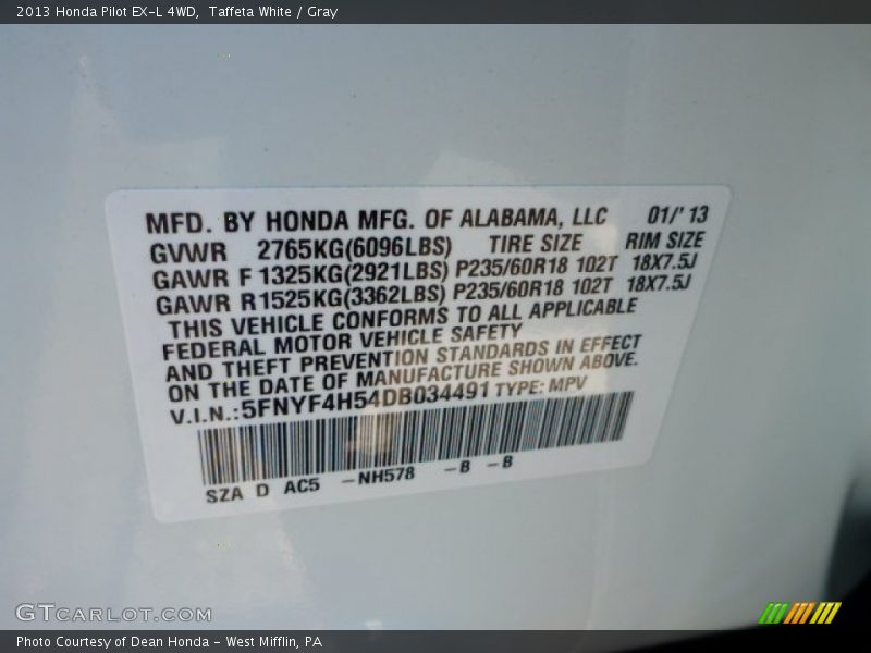 Taffeta White / Gray 2013 Honda Pilot EX-L 4WD