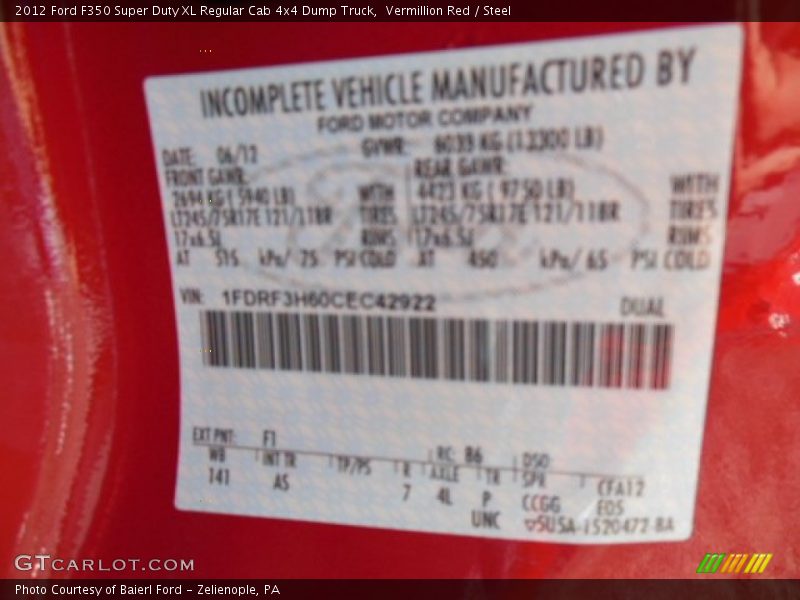 2012 F350 Super Duty XL Regular Cab 4x4 Dump Truck Vermillion Red Color Code F1