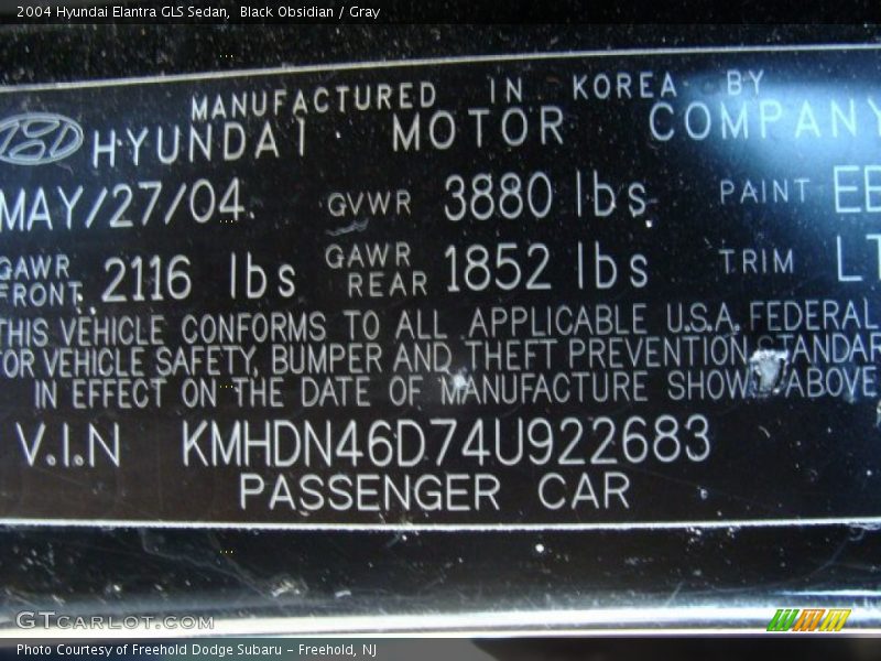 Black Obsidian / Gray 2004 Hyundai Elantra GLS Sedan