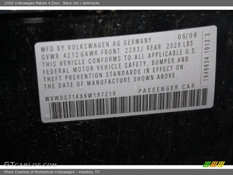 Black Uni / Anthracite 2006 Volkswagen Rabbit 4 Door