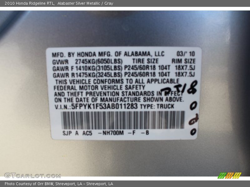 Alabaster Silver Metallic / Gray 2010 Honda Ridgeline RTL