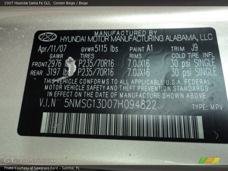 Golden Beige / Beige 2007 Hyundai Santa Fe GLS