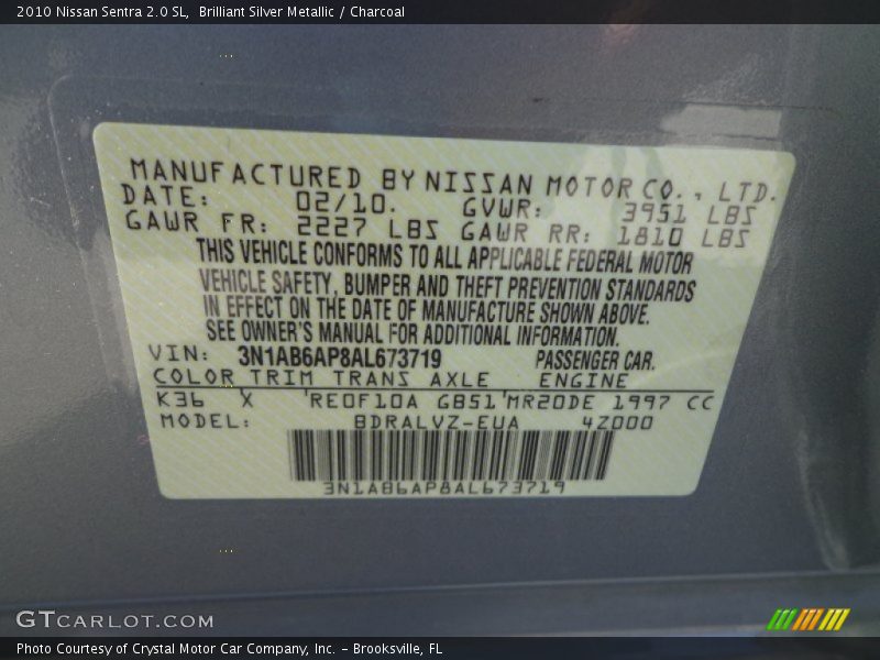 Brilliant Silver Metallic / Charcoal 2010 Nissan Sentra 2.0 SL