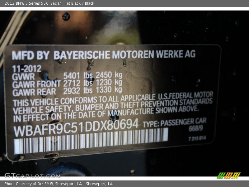 Jet Black / Black 2013 BMW 5 Series 550i Sedan