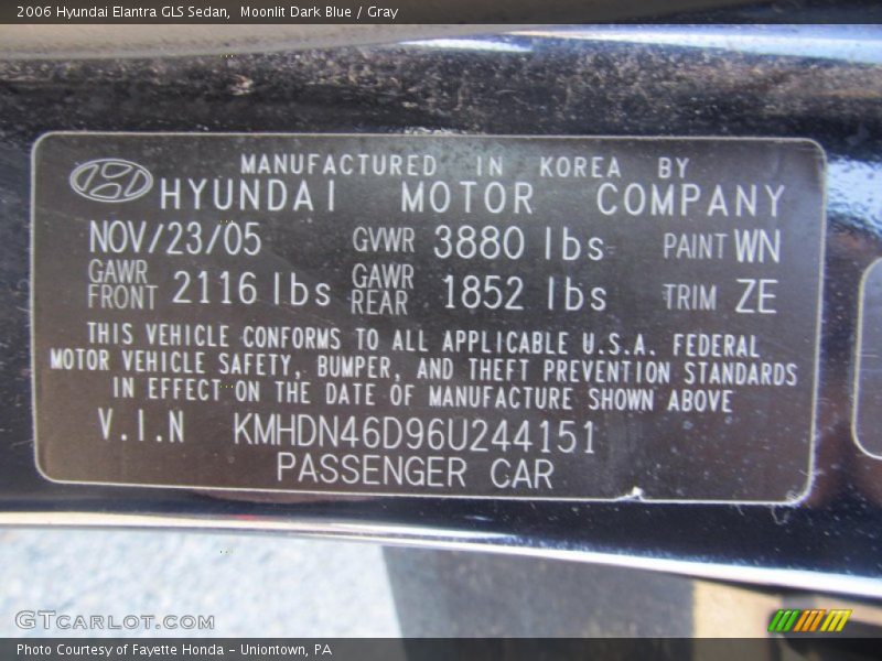2006 Elantra GLS Sedan Moonlit Dark Blue Color Code WN