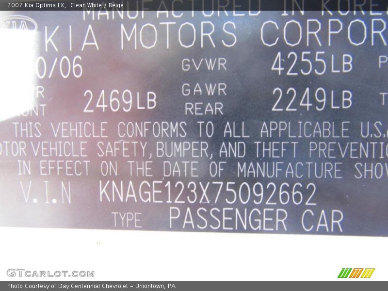 Clear White / Beige 2007 Kia Optima LX