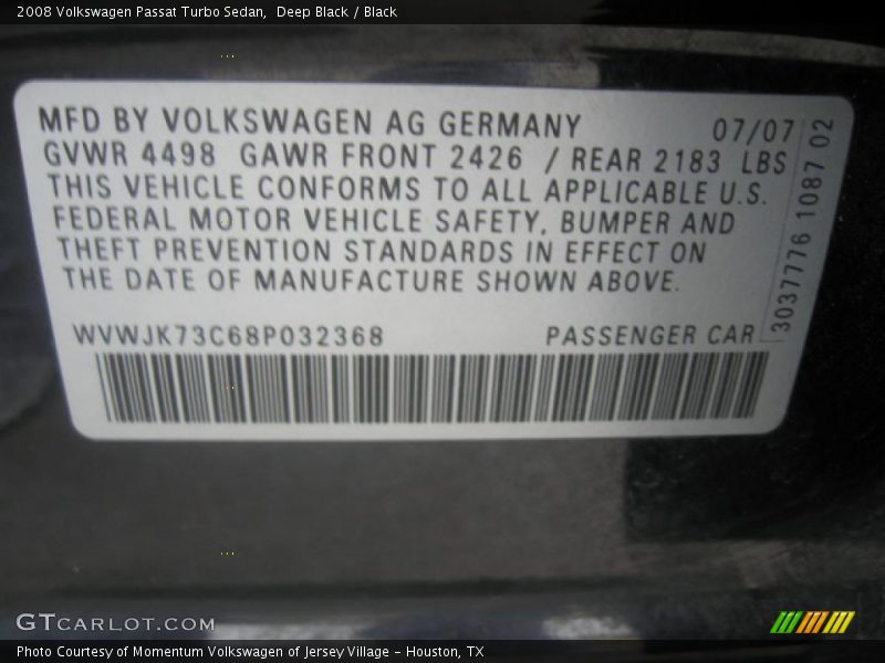 Deep Black / Black 2008 Volkswagen Passat Turbo Sedan