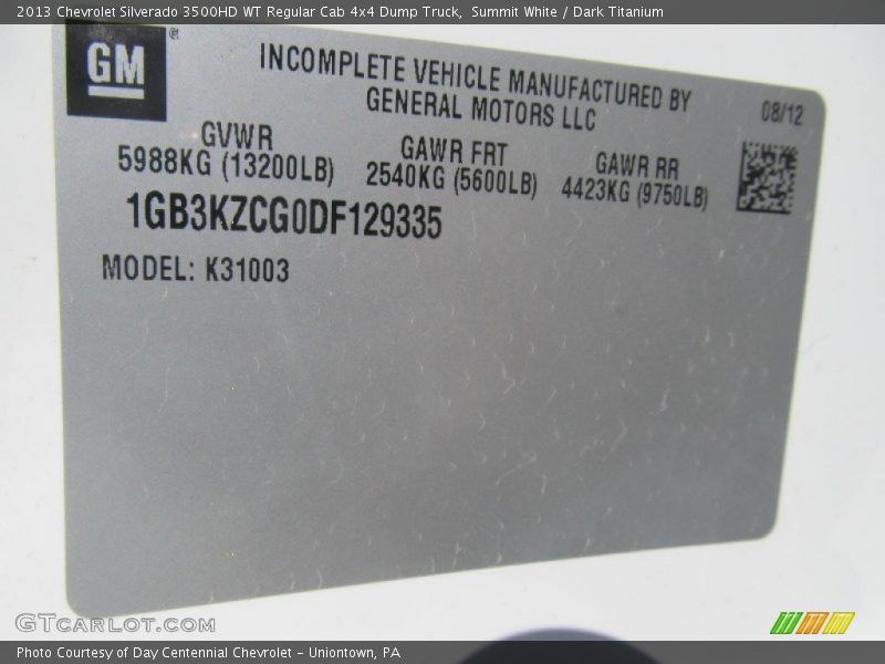 Summit White / Dark Titanium 2013 Chevrolet Silverado 3500HD WT Regular Cab 4x4 Dump Truck