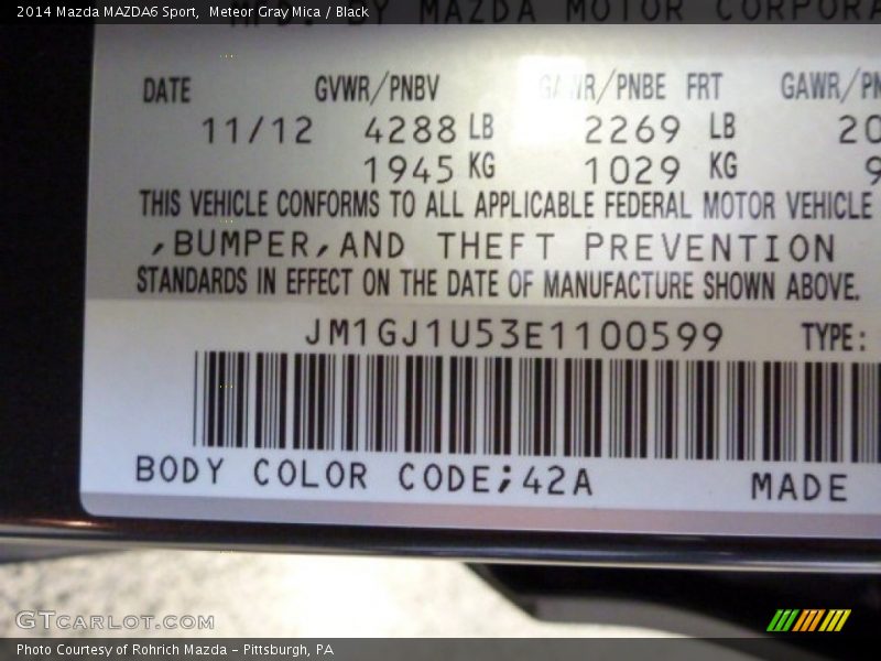 2014 MAZDA6 Sport Meteor Gray Mica Color Code 42A