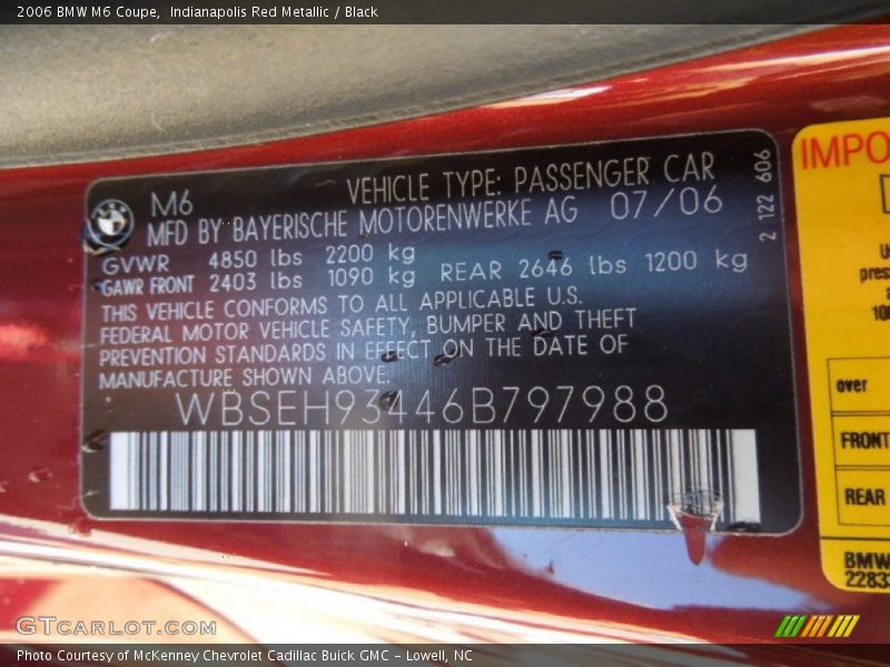 Indianapolis Red Metallic / Black 2006 BMW M6 Coupe