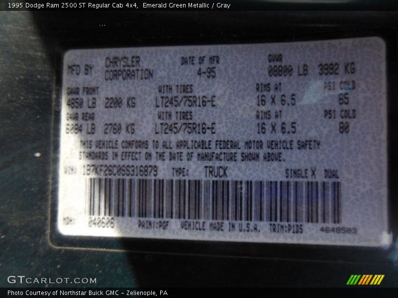 1995 Ram 2500 ST Regular Cab 4x4 Emerald Green Metallic Color Code PGF