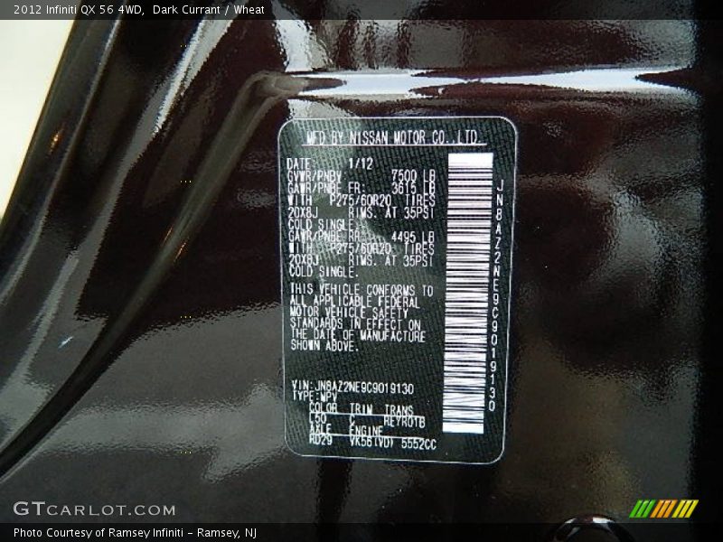 Dark Currant / Wheat 2012 Infiniti QX 56 4WD
