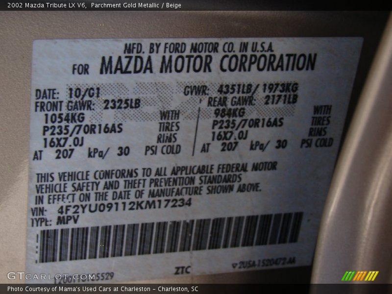 Parchment Gold Metallic / Beige 2002 Mazda Tribute LX V6