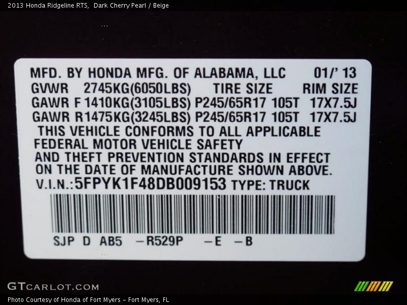 2013 Ridgeline RTS Dark Cherry Pearl Color Code R529P