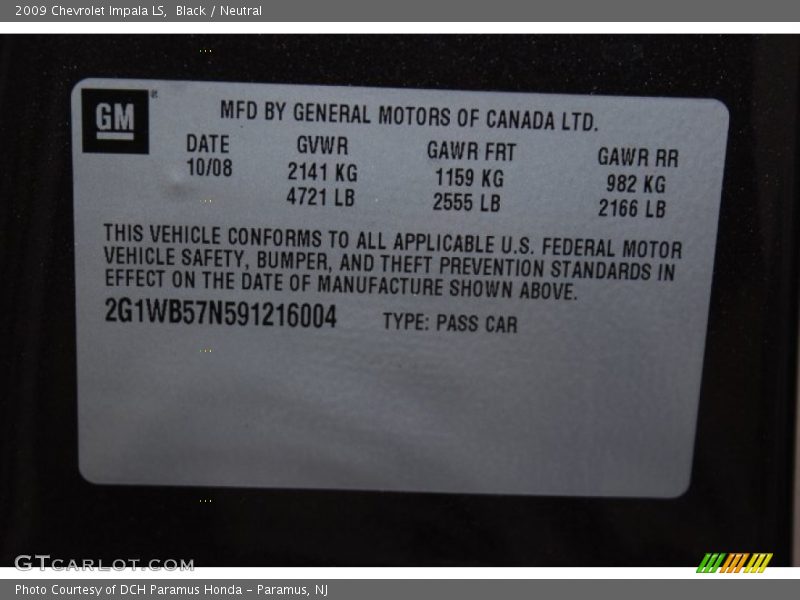 Black / Neutral 2009 Chevrolet Impala LS
