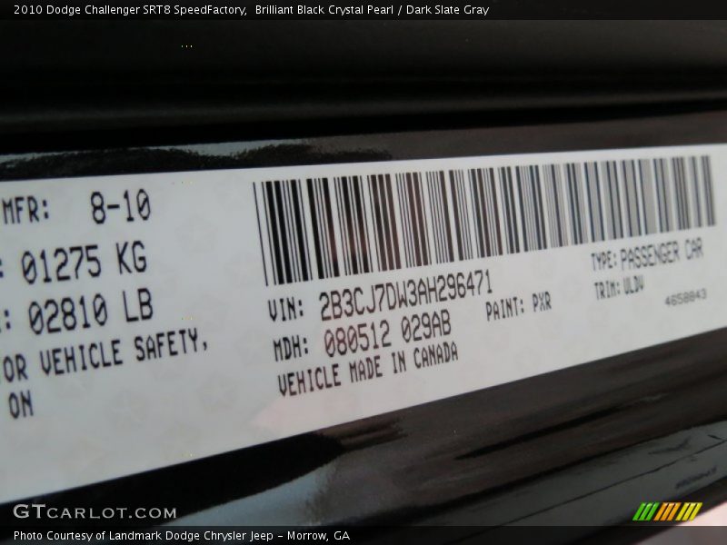 Brilliant Black Crystal Pearl / Dark Slate Gray 2010 Dodge Challenger SRT8 SpeedFactory