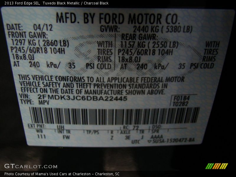 Tuxedo Black Metallic / Charcoal Black 2013 Ford Edge SEL