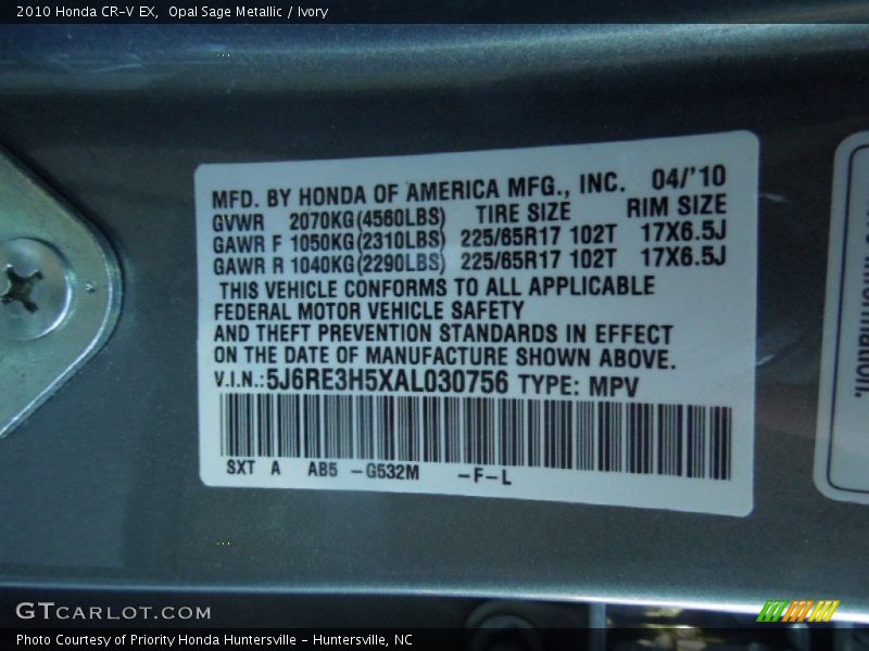 Opal Sage Metallic / Ivory 2010 Honda CR-V EX