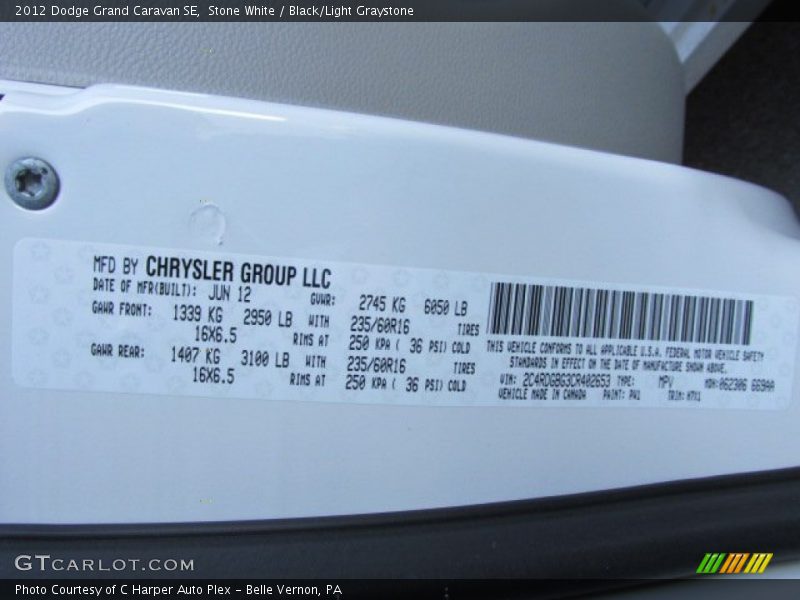 Stone White / Black/Light Graystone 2012 Dodge Grand Caravan SE
