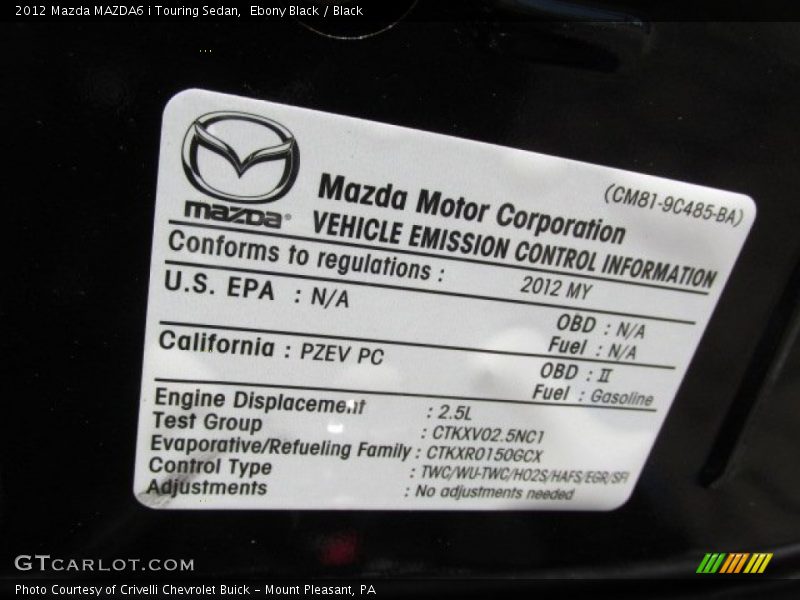 Ebony Black / Black 2012 Mazda MAZDA6 i Touring Sedan