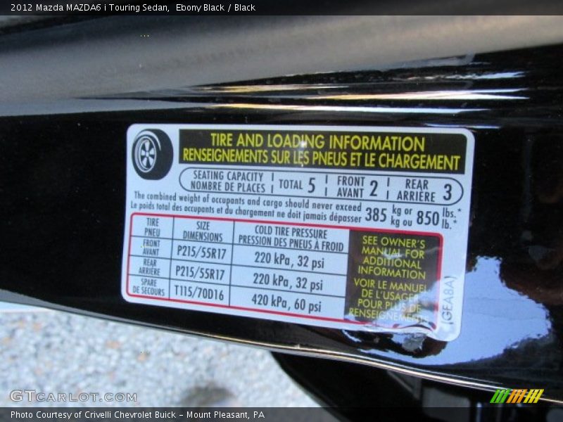 Ebony Black / Black 2012 Mazda MAZDA6 i Touring Sedan