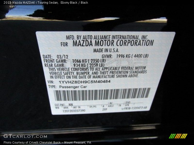Ebony Black / Black 2012 Mazda MAZDA6 i Touring Sedan