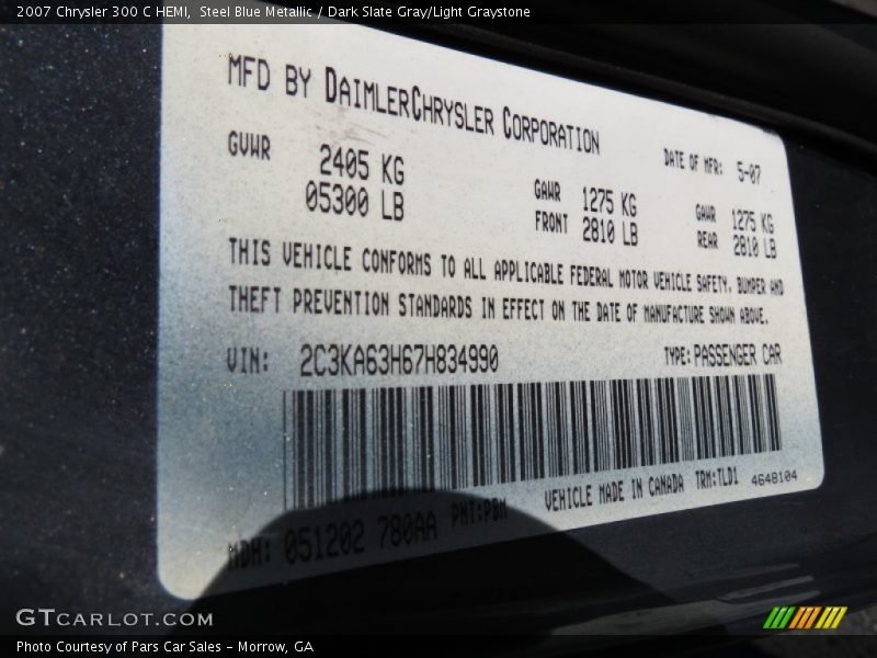 Steel Blue Metallic / Dark Slate Gray/Light Graystone 2007 Chrysler 300 C HEMI