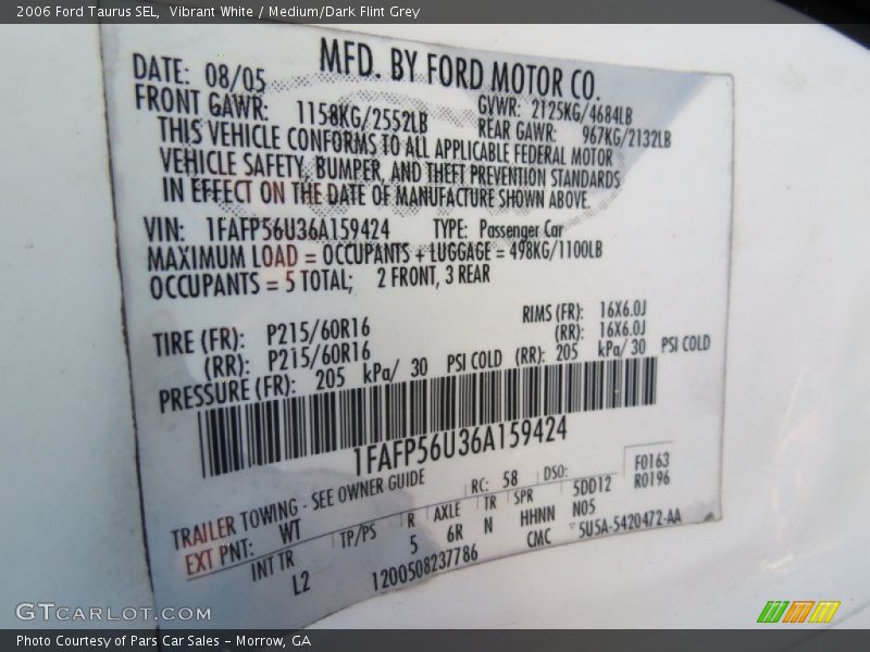 Vibrant White / Medium/Dark Flint Grey 2006 Ford Taurus SEL