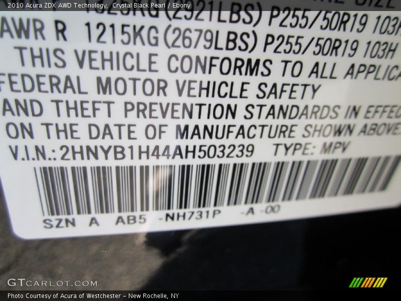 Crystal Black Pearl / Ebony 2010 Acura ZDX AWD Technology