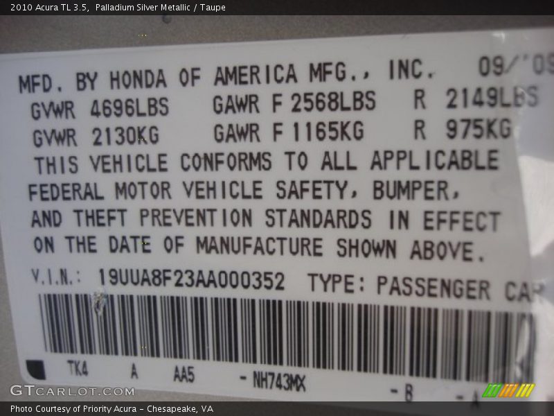 Palladium Silver Metallic / Taupe 2010 Acura TL 3.5