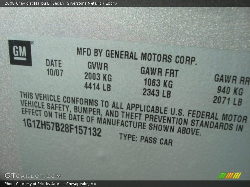Silverstone Metallic / Ebony 2008 Chevrolet Malibu LT Sedan