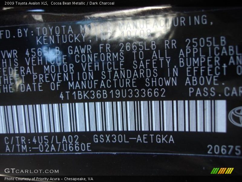 Cocoa Bean Metallic / Dark Charcoal 2009 Toyota Avalon XLS