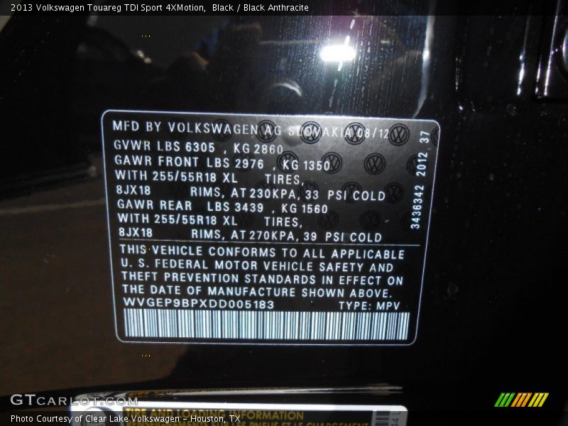 Black / Black Anthracite 2013 Volkswagen Touareg TDI Sport 4XMotion