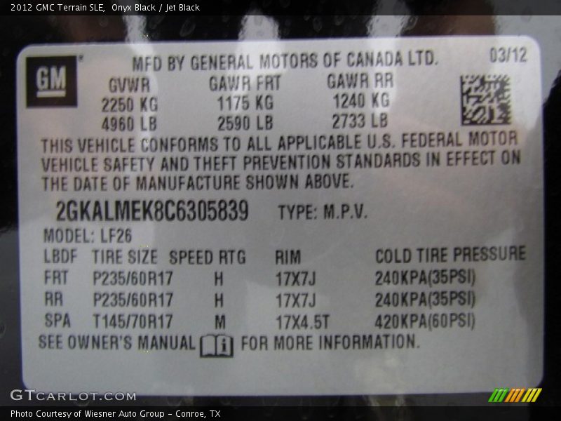 Onyx Black / Jet Black 2012 GMC Terrain SLE