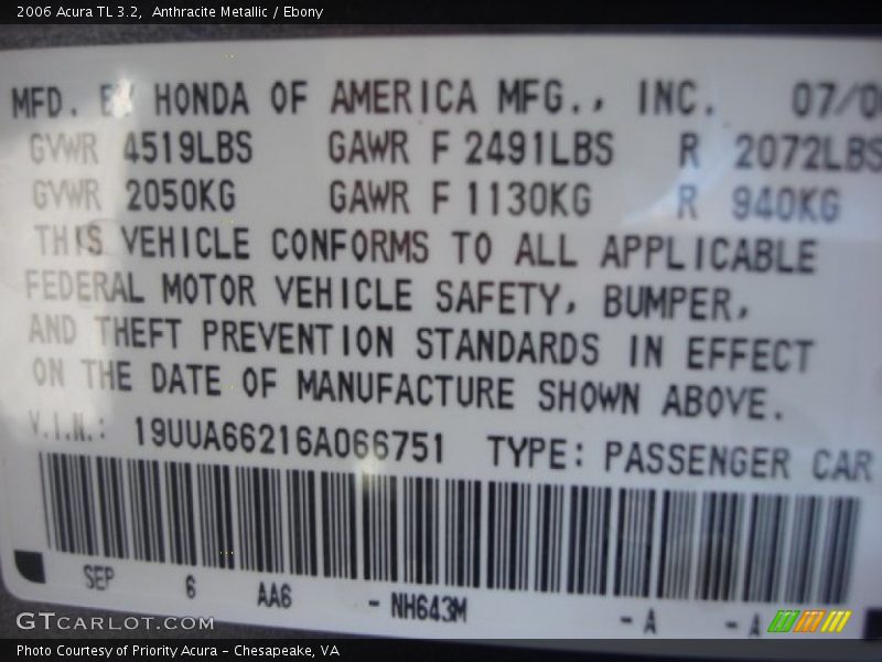 Anthracite Metallic / Ebony 2006 Acura TL 3.2