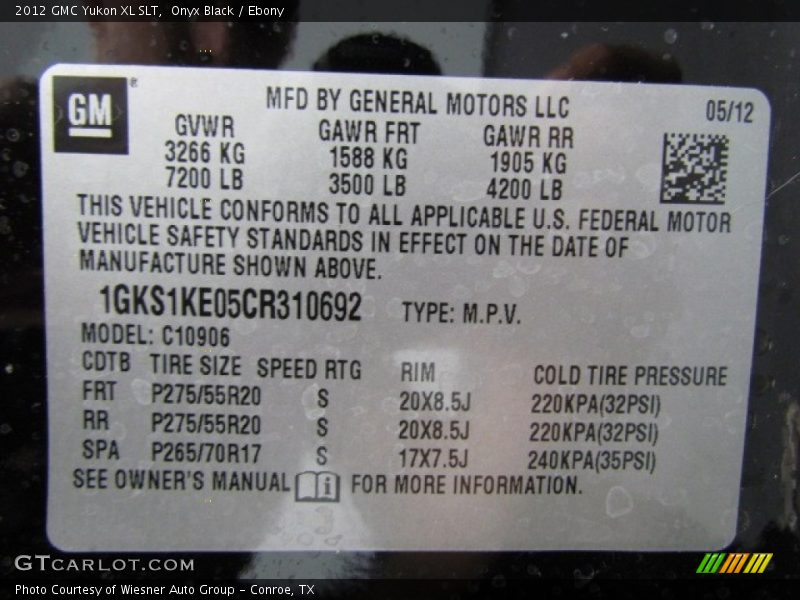 Onyx Black / Ebony 2012 GMC Yukon XL SLT