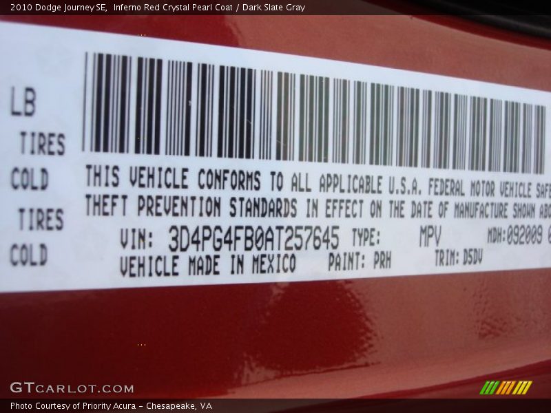 Inferno Red Crystal Pearl Coat / Dark Slate Gray 2010 Dodge Journey SE