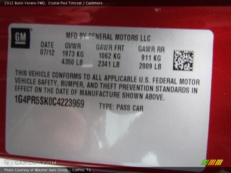 Crystal Red Tintcoat / Cashmere 2012 Buick Verano FWD