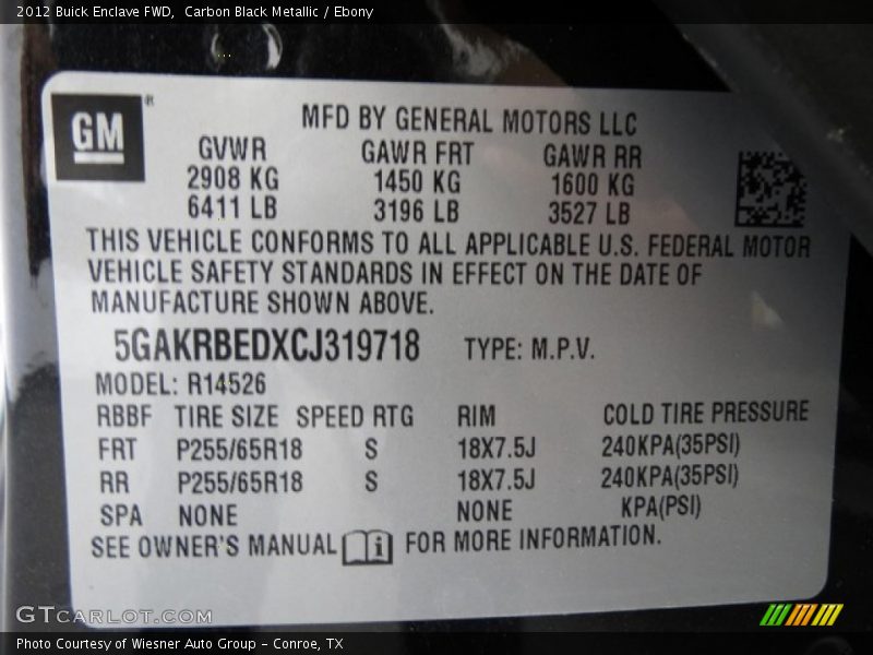 Carbon Black Metallic / Ebony 2012 Buick Enclave FWD